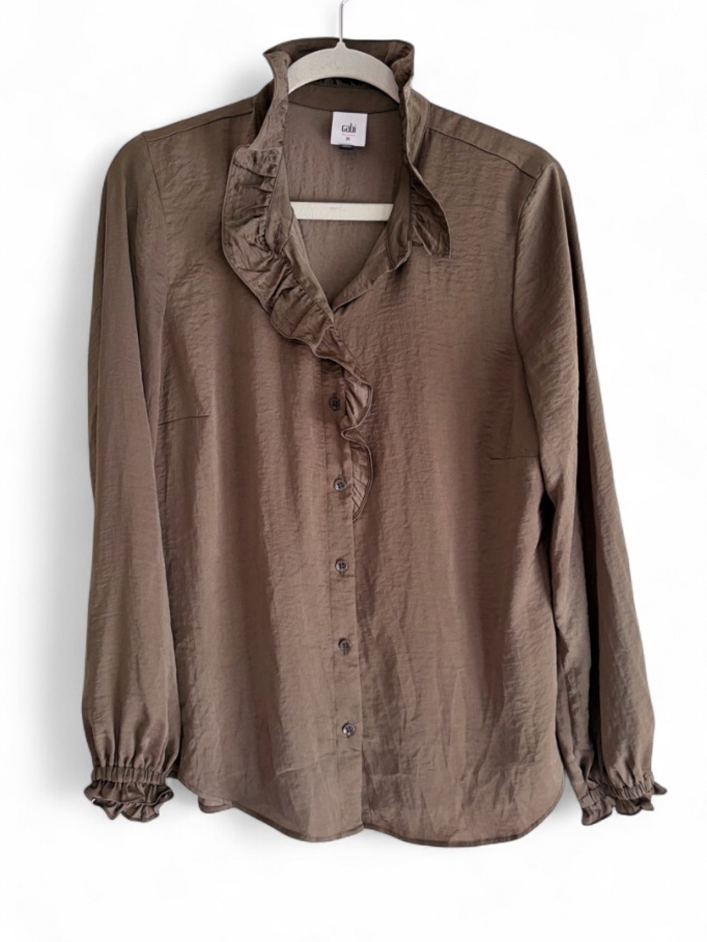CAbi #4167 Icon Olive Green Ruffle Collar Button Down Blouse Size M